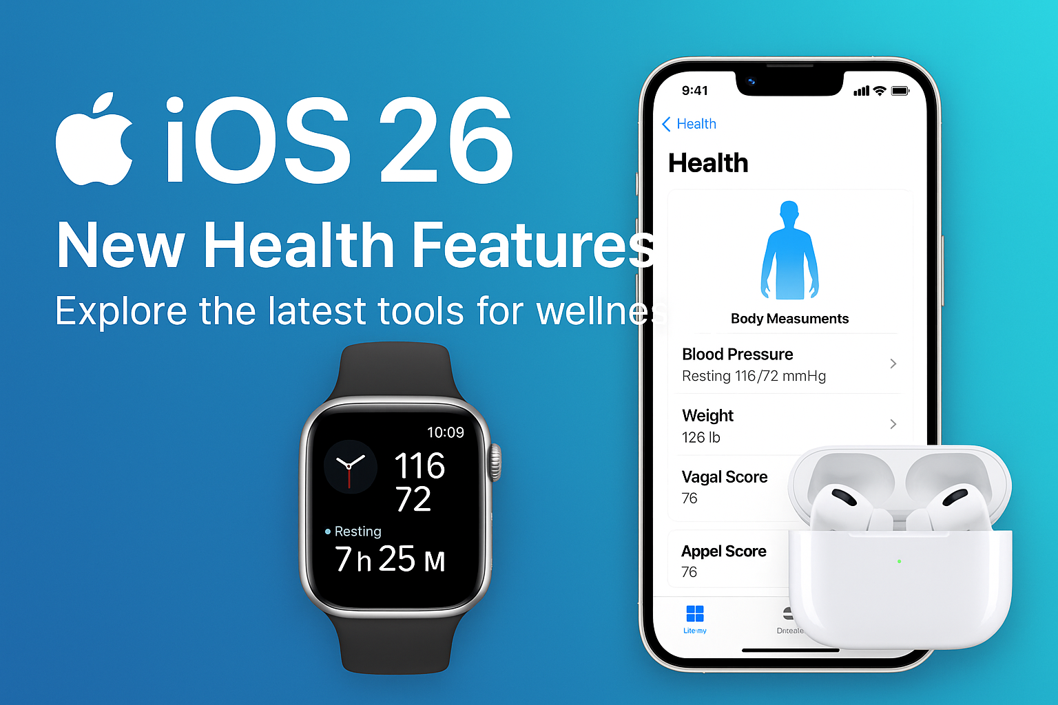iOS 26とApple製品の最新ヘルスケア機能を紹介するデジタルバナー