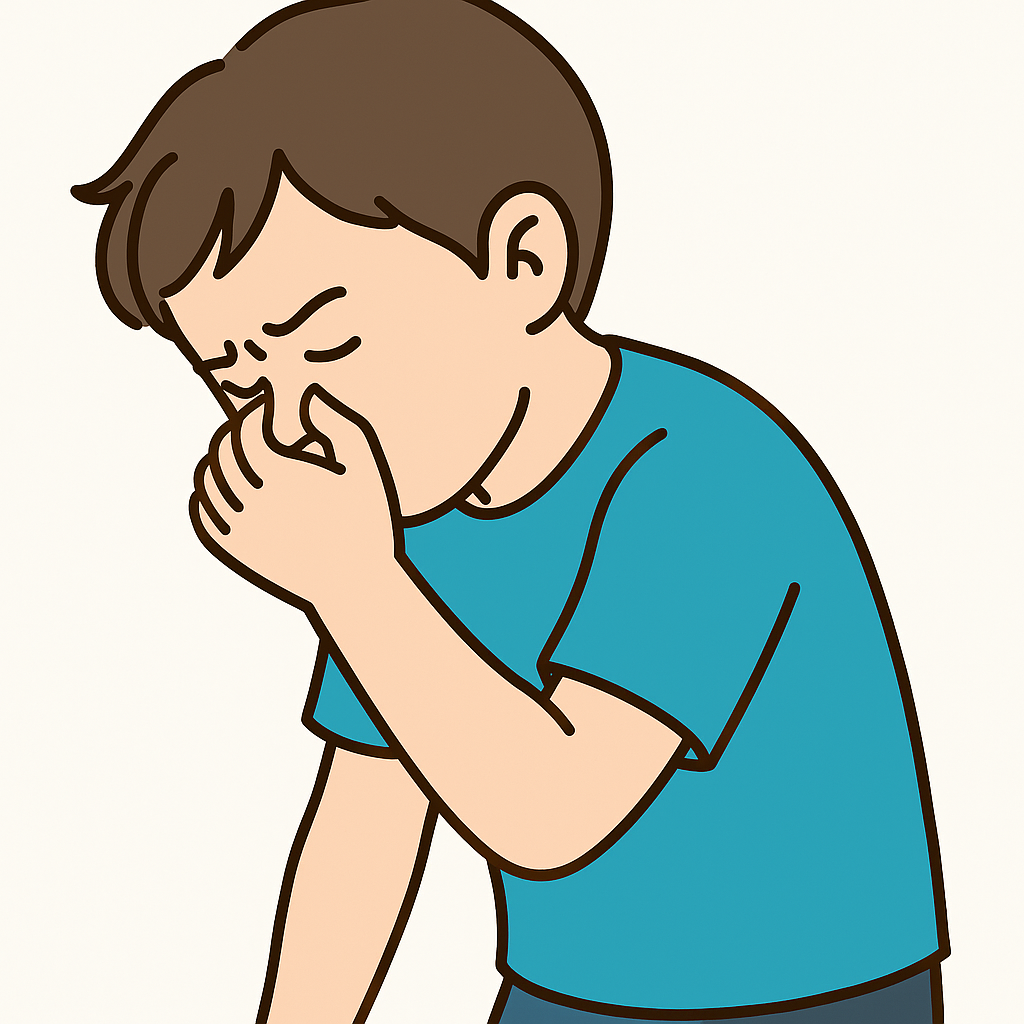 前かがみで小鼻を圧迫して鼻血を止める図