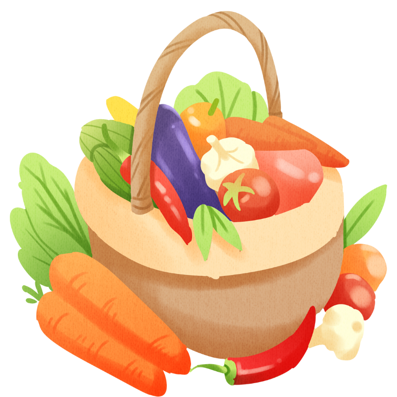 野菜が入ったバスケット。バランスの取れた栄養摂取の重要性を表すイラスト。