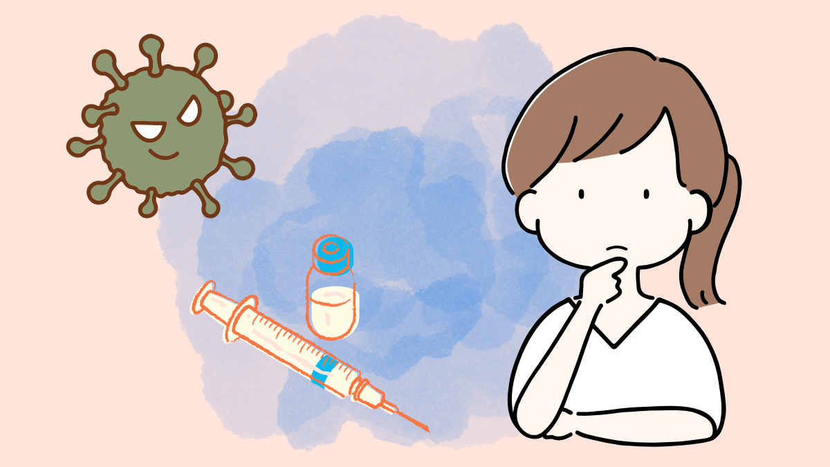 インフルエンザワクチンを打つか迷う女性のイラスト。注射器とウイルスのイメージ入り。