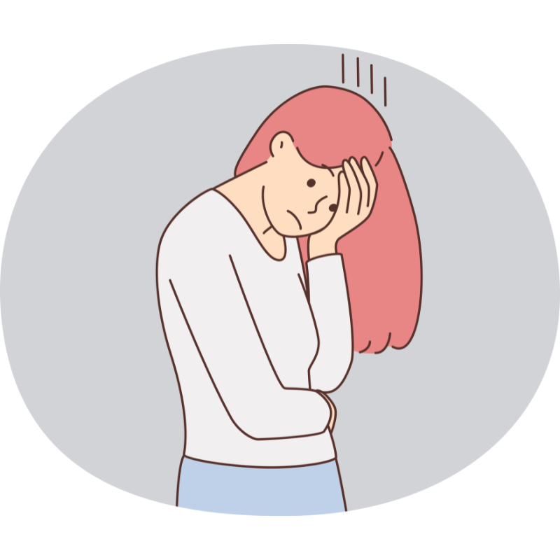 頭を押さえて疲れた表情を見せる女性のイラスト。ストレスと自律神経の乱れを表す。