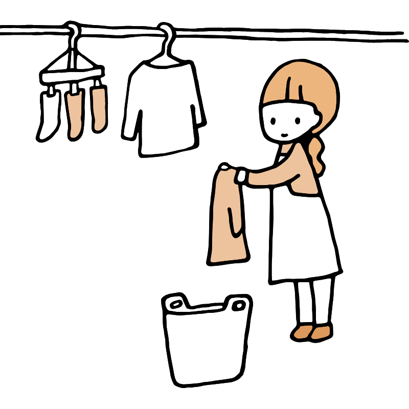 洗濯物を干す女性のイラスト。日常の家事負担と体の疲労を表現。