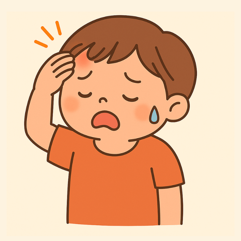 子どもの頭を打ったときの観察ポイント おでこを押さえて痛そうにする子どものイラスト