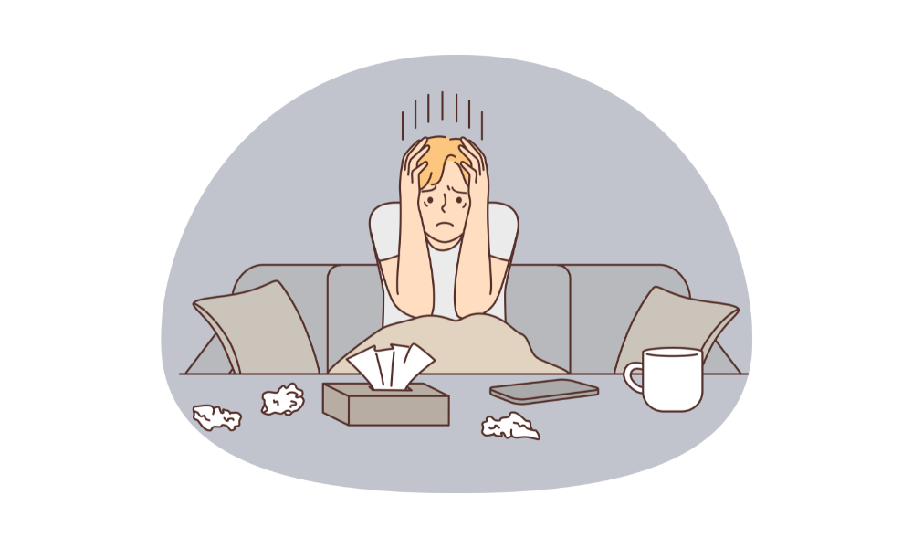 ソファに座り頭を抱えて落ち込む女性のイラスト