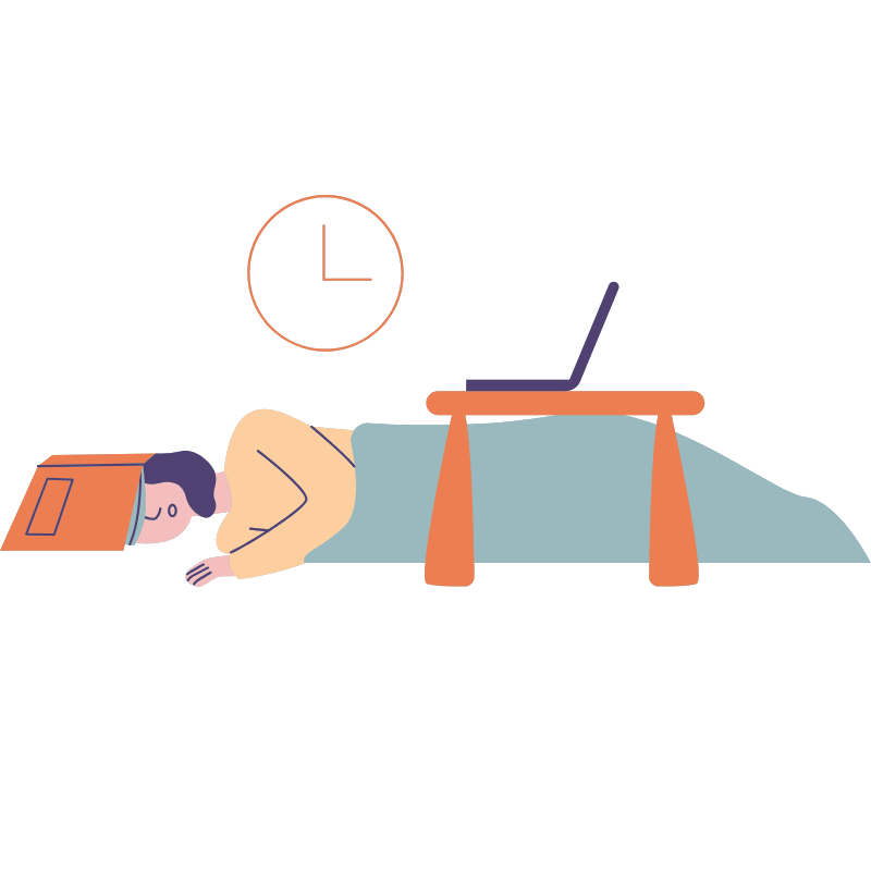 デスクでうつ伏せに寝てしまった人のイラスト。昼間の強い倦怠感を表現。
