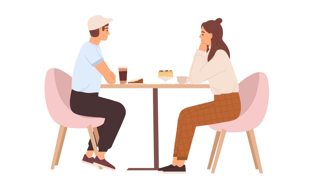 カフェで向かい合って話す男女のイラスト