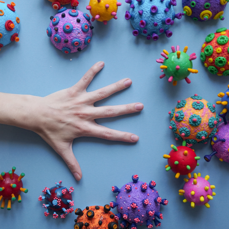 インフルエンザウイルスをイメージしたカラフルな模型と人の手の写真