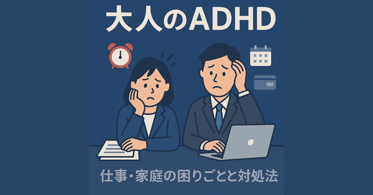 大人のADHDをテーマにしたアイキャッチ。仕事と家庭で困りごとを抱える男女のイラスト