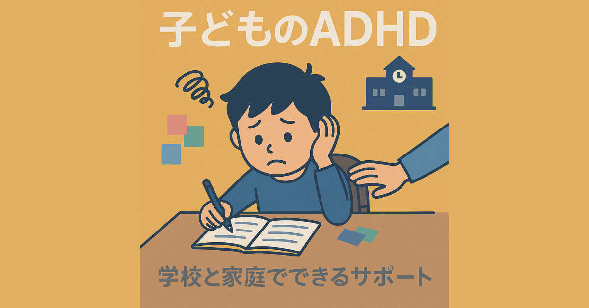 子どものADHDをテーマにしたイラスト。宿題に悩む男の子と親のサポートの手