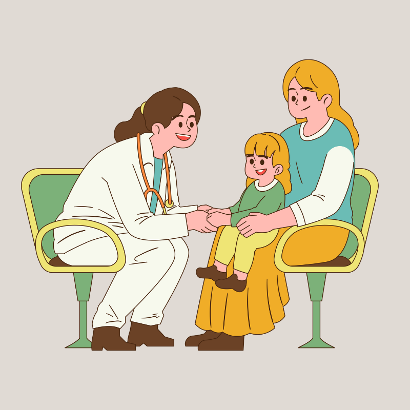 診察室で母親と子どもに優しく話しかける医師のイラスト。信頼関係をイメージ。