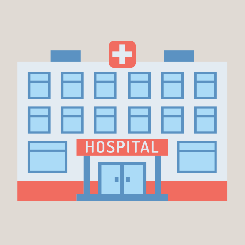 青と赤を基調にした病院の建物のイラスト。受診や医療機関をイメージ。