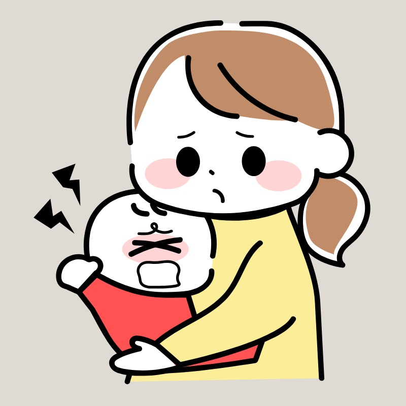 赤ちゃんを抱きかかえて心配そうにする母親のイラスト。子どもの体調不良をイメージ。